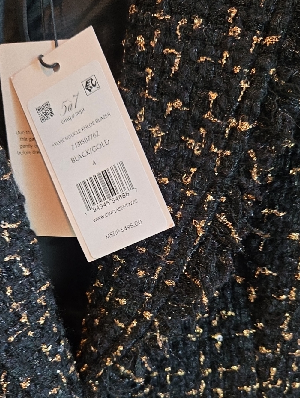 Cinq à Sept 'Khloe' Fringe-Trim Sylvie Boucle Blazer, Black/Gold - Picture 7 of 7
